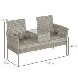 Outsunny Rattan Garden Bench W/ Glass Tea Table, Wicker Chair W/ Cushions, Grey - thumbnail 3