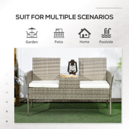 Outsunny Rattan Garden Bench W/ Glass Tea Table, Wicker Chair W/ Cushions, Grey - thumbnail 7
