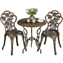 3 Piece Patio Bistro Table Set With Umbrella Hole Outdoor Metal Furniture Bronze