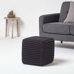 Homescapes Black Cube Cotton Knitted Pouffe Footstool - thumbnail 2