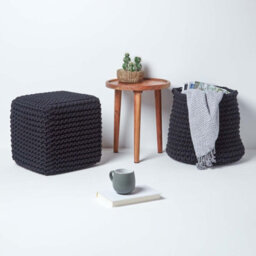 Homescapes Black Cube Cotton Knitted Pouffe Footstool - thumbnail 6