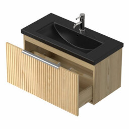 Affine 800mm Fluted Wall Hung Bathroom Vanity Unit Wood Chrome Handle Black Basin - thumbnail 5