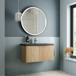 Affine 800mm Fluted Wall Hung Bathroom Vanity Unit Wood Chrome Handle Black Basin - thumbnail 2