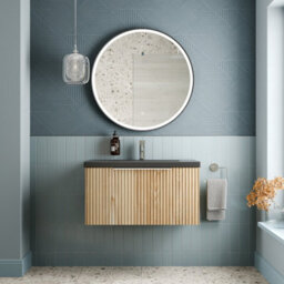 Affine 800mm Fluted Wall Hung Bathroom Vanity Unit Wood Chrome Handle Black Basin - thumbnail 1