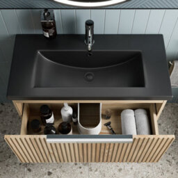 Affine 800mm Fluted Wall Hung Bathroom Vanity Unit Wood Chrome Handle Black Basin - thumbnail 3