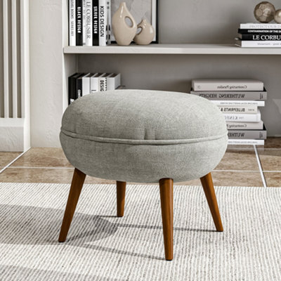 Living And Home Beige Linen Upholstered Oval Footstool With Wooden Legs W 540 X D 470 X H 495 mm - image 1