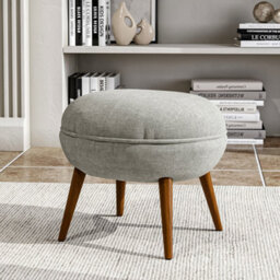Living And Home Beige Linen Upholstered Oval Footstool With Wooden Legs W 540 X D 470 X H 495 mm - thumbnail 1