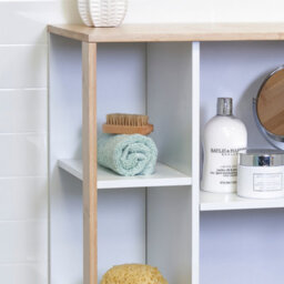 Showerdrape Varallo Matt White & Bamboo Floor Bathroom Cabinet With Display Shelves - thumbnail 3