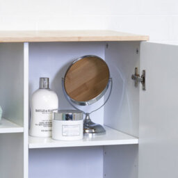 Showerdrape Varallo Matt White & Bamboo Floor Bathroom Cabinet With Display Shelves - thumbnail 5