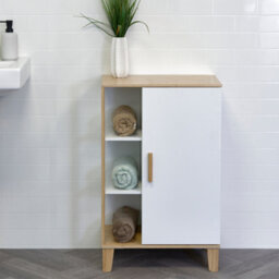 Showerdrape Varallo Matt White & Bamboo Floor Bathroom Cabinet With Display Shelves