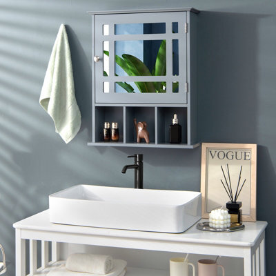 Costway Bathroom Wall Storage Cabinet Wooden Hanging Medicine Organizer W/ Mirror Grey - image 1