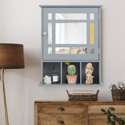 Costway Bathroom Wall Storage Cabinet Wooden Hanging Medicine Organizer W/ Mirror Grey - thumbnail 5