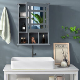 Costway Bathroom Wall Storage Cabinet Wooden Hanging Medicine Organizer W/ Mirror Grey - thumbnail 4