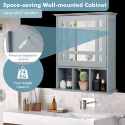 Costway Bathroom Wall Storage Cabinet Wooden Hanging Medicine Organizer W/ Mirror Grey - thumbnail 6