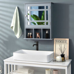 Costway Bathroom Wall Storage Cabinet Wooden Hanging Medicine Organizer W/ Mirror Grey - thumbnail 1