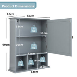 Costway Bathroom Wall Storage Cabinet Wooden Hanging Medicine Organizer W/ Mirror Grey - thumbnail 3