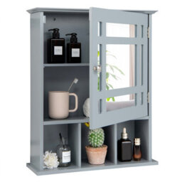 Costway Bathroom Wall Storage Cabinet Wooden Hanging Medicine Organizer W/ Mirror Grey - thumbnail 2