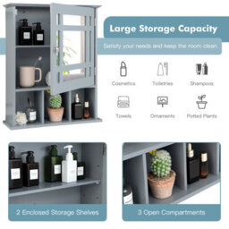 Costway Bathroom Wall Storage Cabinet Wooden Hanging Medicine Organizer W/ Mirror Grey - thumbnail 8