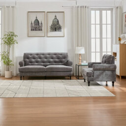 Velvet Tufted Sofa Set, Gray Velvet Sectional Couch Suite-1+3 Set - thumbnail 2