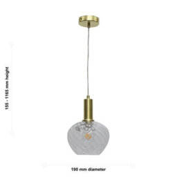 First Choice Lighting Bradson - Clear Swirl Glass Satin Brass Deco Pendant Fitting - thumbnail 5