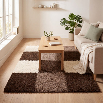 "Bravich Brown Checked Shaggy Rug 60 X 110Cm (2' X 3'7"")" - image 1