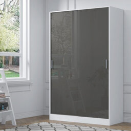 Reflect 2 Door Sliding Wardrobe - Grey Gloss & Matt White - Hanging Rails & Shelves - H:180Cm X W: 120Cm X D: 58Cm - Modern Design
