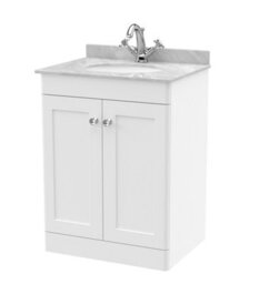 Balterley Swynnerton Traditional 2 Door Floor Standing Vanity Unit With Marble Basin, Satin White, 600mm