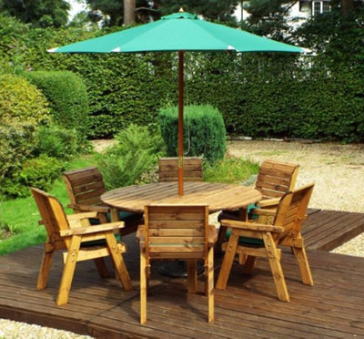 Charles Taylor 6 Seater Wooden Round Dining Table & Chairs Set Green Cushion - image 1