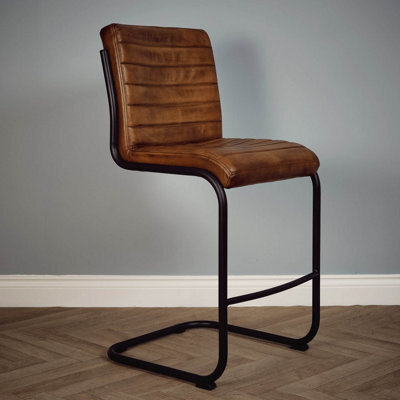 Elm Home And Products Real Genuine Leather Kitchen Café Bar Stool With Back Tan Brown Fully Assembled - image 1