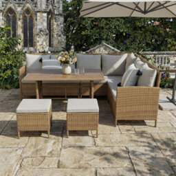Thalia Rattan Garden Corner 8 Seater Outdoor Sofa Dining Set With Plywood Table Brown