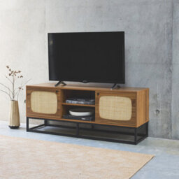 Sweeek - 140Cm Tv Unit Wooden Effect And Rounded Cane 2 Doors Retro Natural 140X40X55 Cm - thumbnail 6
