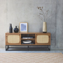 Sweeek - 140Cm Tv Unit Wooden Effect And Rounded Cane 2 Doors Retro Natural 140X40X55 Cm - thumbnail 5