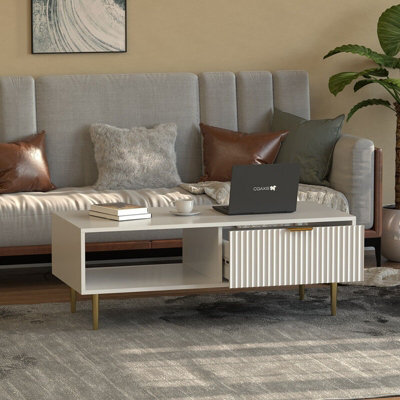Hygrad Built to Survive Wooden Coffee Table White For Living Room With Storage Drawer Modern Gold Legs - image 1