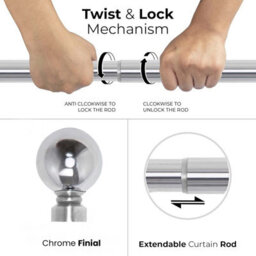 Imperial Rooms Curtain Pole - Metal Extendable Rod Heavy Duty Plain Ball Finish Chrome, (L)1.2-2.1M (Dia)28mm - thumbnail 4