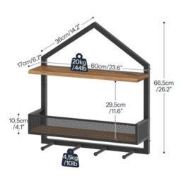 60X17X66.5Cm Industrial Floating Wall Shelf With Hooks - thumbnail 2