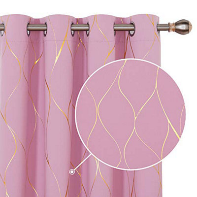 Deconovo Eyelet Room Darkening Curtains, Gold Wave Foil Printed Blackout Curtains For Windows, 66 X 72 Inch (W X L), Pink, 1 Pair - image 1