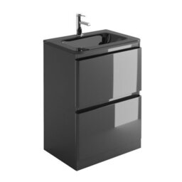 Plum&clay Marvel Gloss Dark Grey Floor Standing Bathroom Vanity Unit With Grey Glass Basin (W)600mm