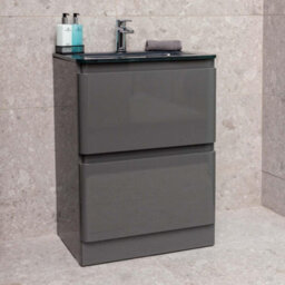 Plum&clay Marvel Gloss Dark Grey Floor Standing Bathroom Vanity Unit With Grey Glass Basin (W)600mm - thumbnail 6