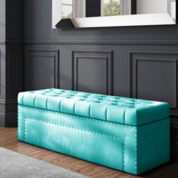 90Cm Duke Upholstered Tufted Plush Velvet Ottoman Storage Box, Teal End Of Bed Blanket & Shoe Bench With Hinged Lid