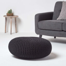 Homescapes Black Large Round Cotton Knitted Pouffe Footstool - thumbnail 2