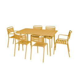 Sweeek - 6-Seater Metal Garden Table Set With 6 Chairs Yellow Ochre 141.2X80X72.5 Cm - Amelia - thumbnail 2