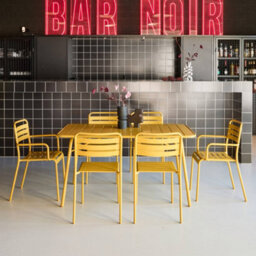 Sweeek - 6-Seater Metal Garden Table Set With 6 Chairs Yellow Ochre 141.2X80X72.5 Cm - Amelia - thumbnail 3