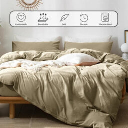 Ameha Plain Dyed Duvet Cover Complete Set With Matching Fitted Sheet & Pillowcase Microfiber King Beige - thumbnail 2