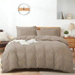 Ameha Plain Dyed Duvet Cover Complete Set With Matching Fitted Sheet & Pillowcase Microfiber King Beige - thumbnail 7