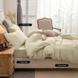 Ameha Plain Dyed Duvet Cover Complete Set With Matching Fitted Sheet & Pillowcase Microfiber King Beige - thumbnail 1