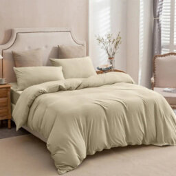 Ameha Plain Dyed Duvet Cover Complete Set With Matching Fitted Sheet & Pillowcase Microfiber King Beige - thumbnail 6