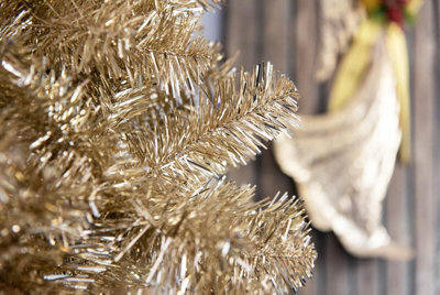 Shatchi 6Ft Artificial Christmas Tree Champagne Gold Shiny Tinsel Tips Bushy Look Luxurious Hinged Branches Decorations - image 1