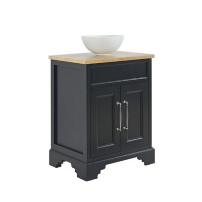 Homestylestore Black Grey And Oak 645mm Bathroom Vanity Unit With Round Countertop Basin And Chrome T Bar Handles - image 1