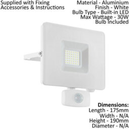 Ip44 Outdoor Flood Light With Pir Sensor - 30W Led In White Aluminium - thumbnail 2