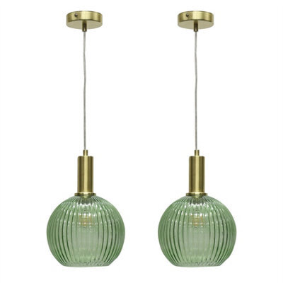 First Choice Lighting Set Of 2 Betchley - Green Ribbed Glass Globe Satin Brass Deco Pendants - image 1